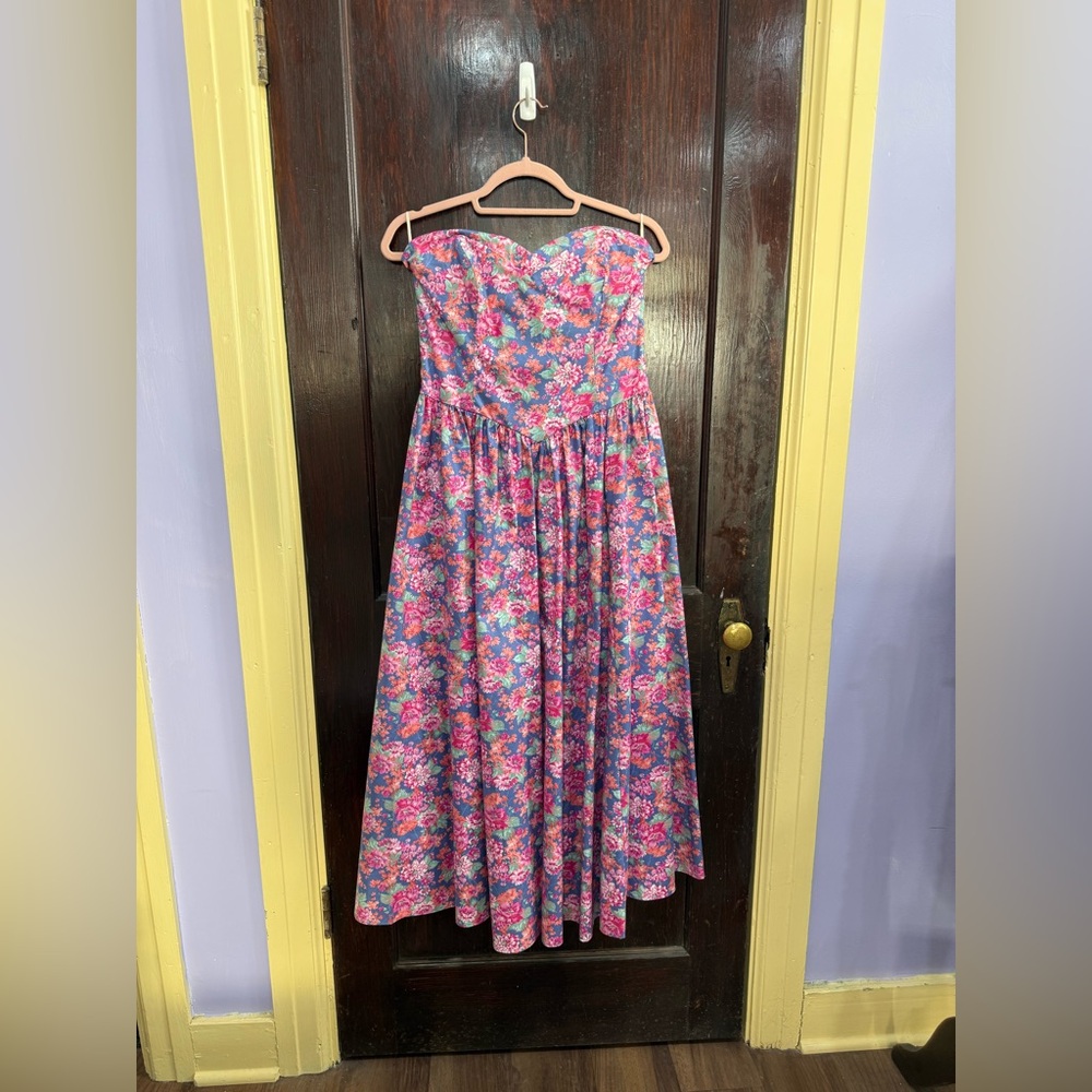 Rare Vintage Laura Ashley Floral Cotton Strapless Gown